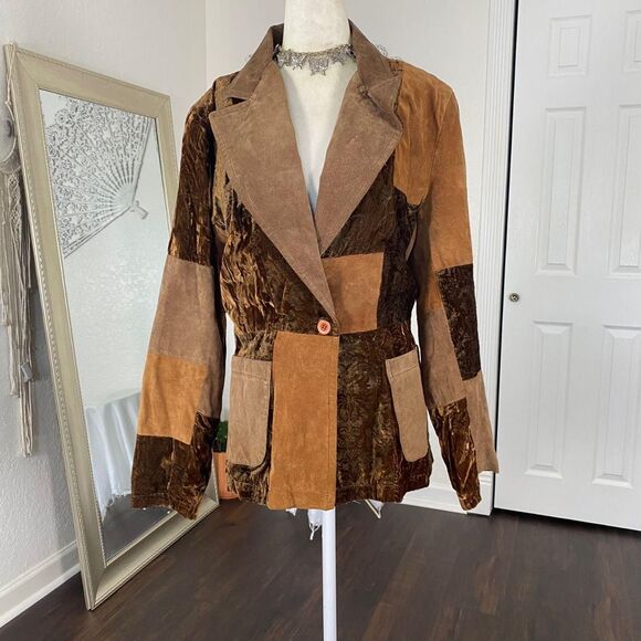 Early 2000's Brown Tan Orange Paisley Patchwork Suede Leather Blazer Jacket L - Picture 8 of 8